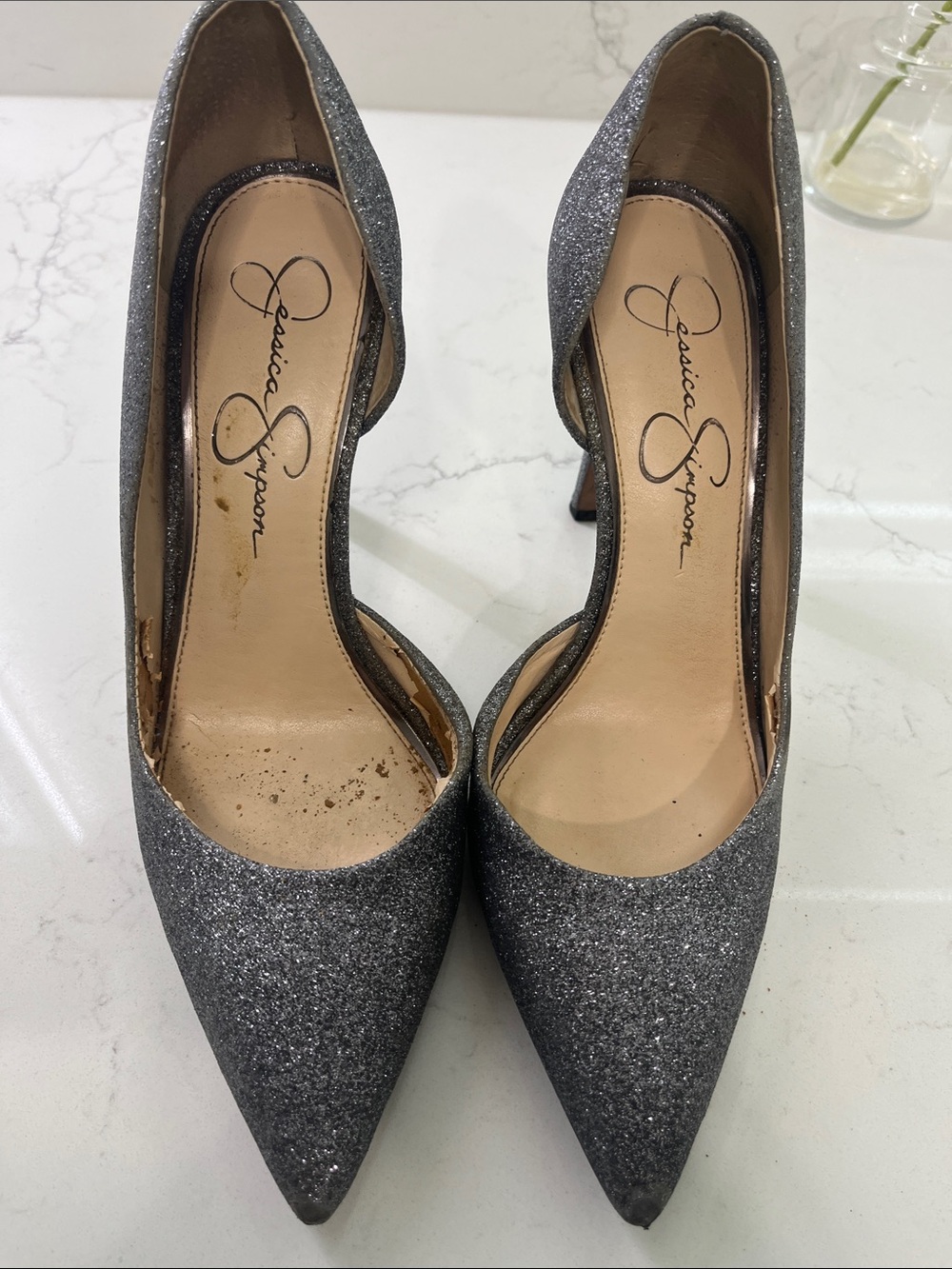 Jessica Simpson Glitter Pointed Toe Heels in Silver